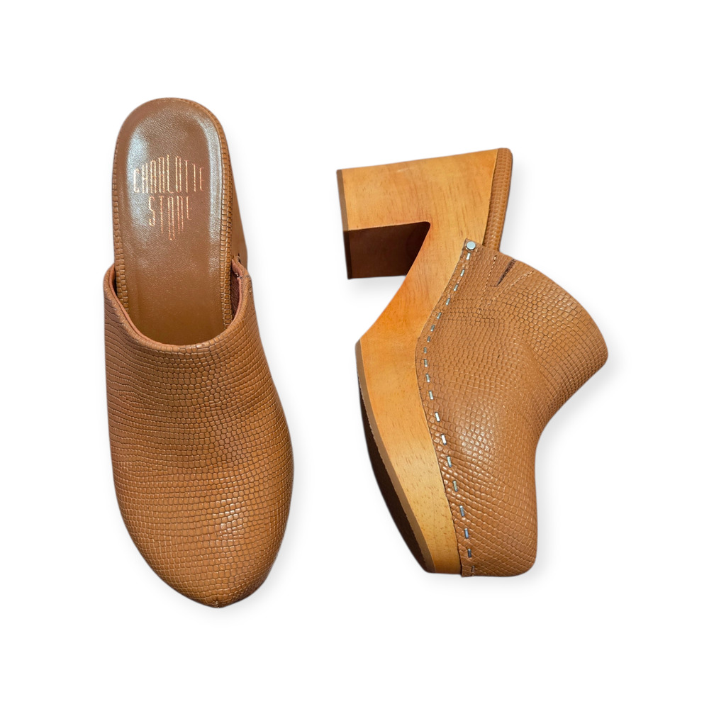 Charlotte Stone Marlo Clogs Snakeskin Pebbled‎ Leather Tan Light Brown Size 8